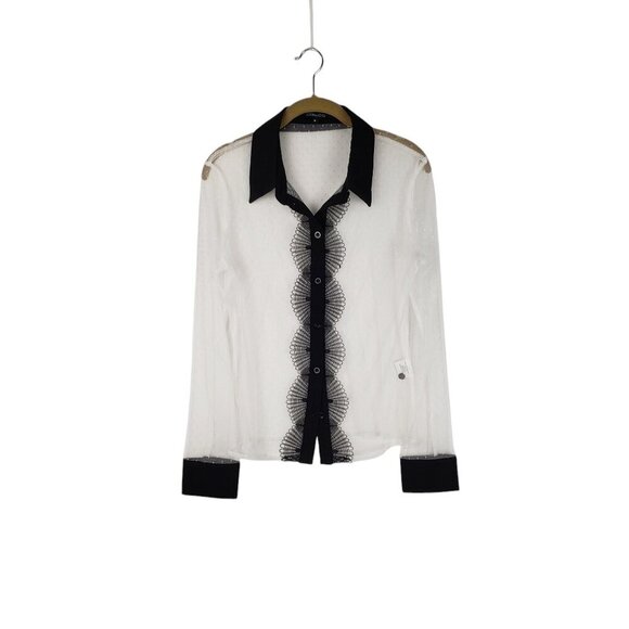 CQ by CQ Sheer Button Up Shirt White Net Black Collar Cuffs Avant Garde Size M - Picture 1 of 7